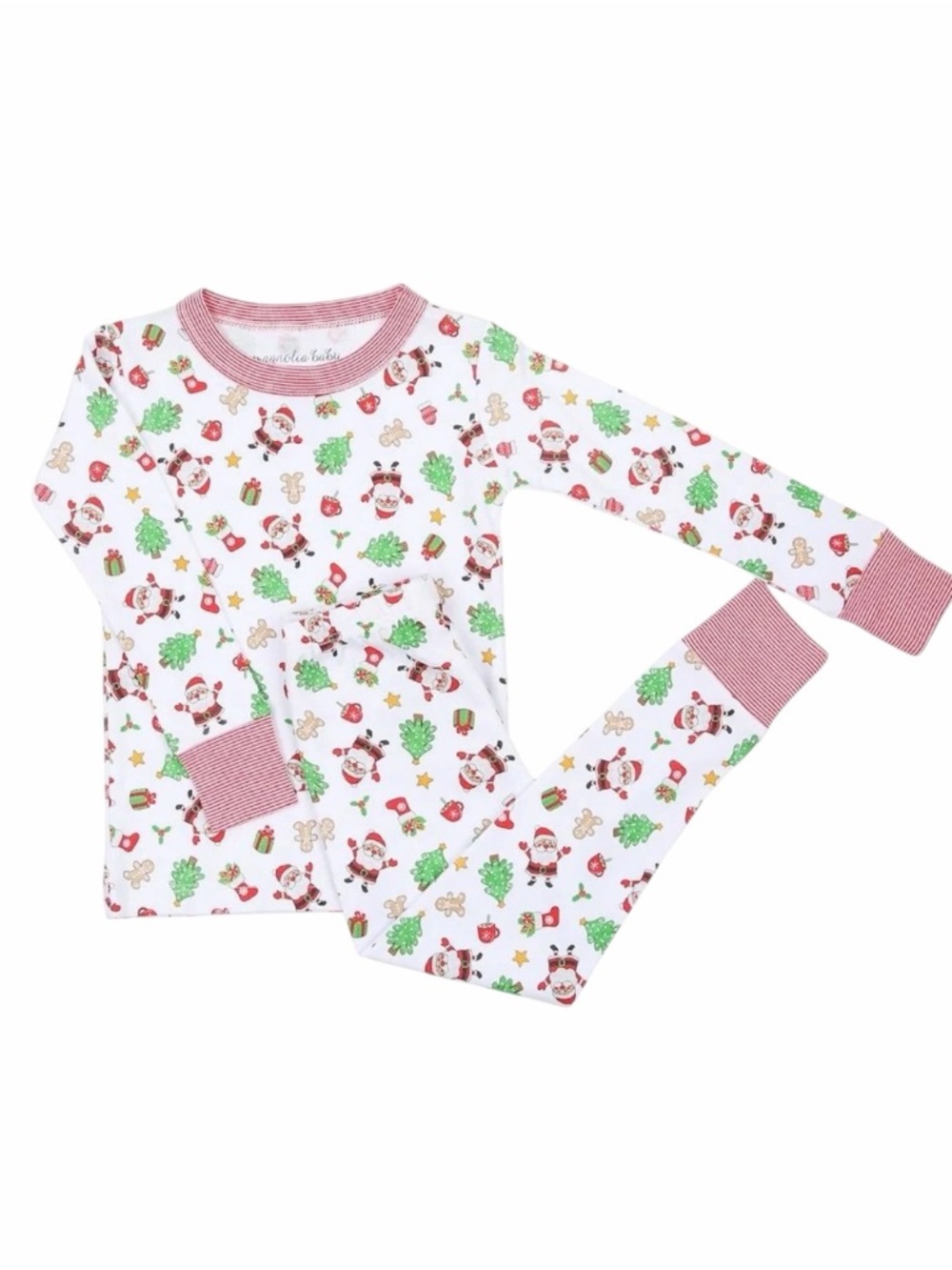 Children's Holiday Santa Print Pajama Set - White & Red Trim